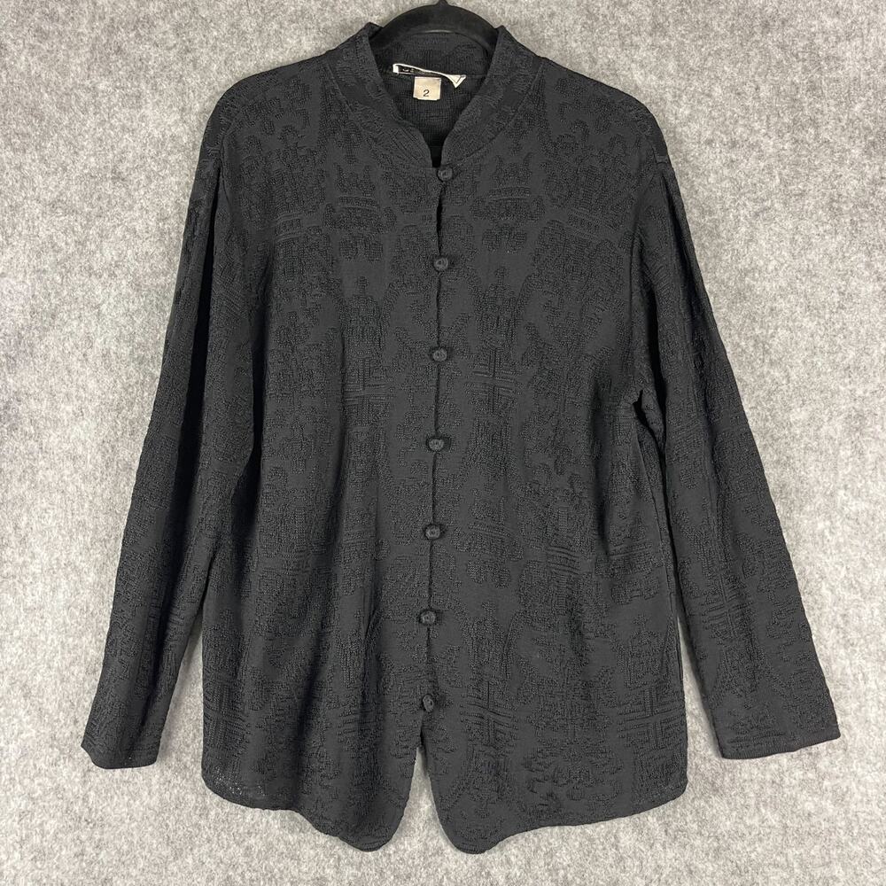 French Rags Cardigan Sweater Womens 2 Medium Black Jacquard Knit Artsy USA Made